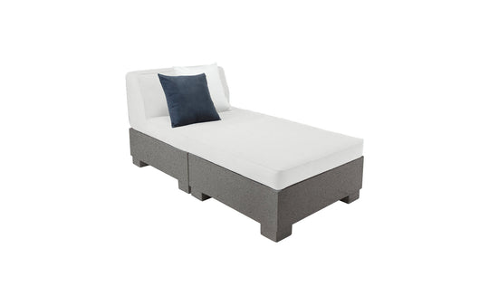 The Affinity 2 Piece Sun Chair by Ledge Lounger includes a white cushion and dark gray throw pillow. Made from UV20 rated resin, its base has a textured gray finish. Slightly angled left, it sits on a plain white background for an elegant outdoor setting.