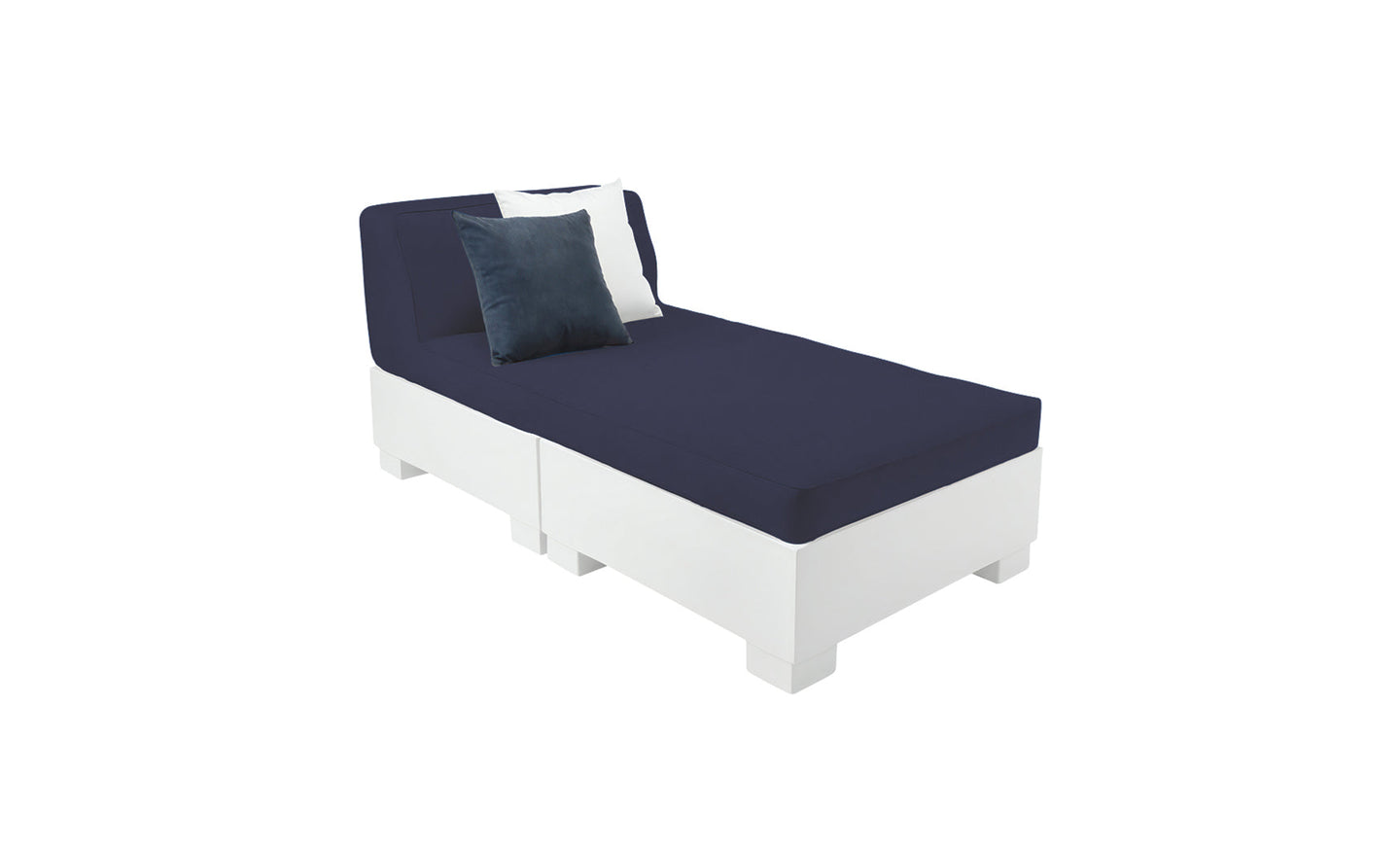 The Affinity 2 Piece Sun Chair by Ledge Lounger features a sleek white base and navy cushion, made from UV20 rated resin. It includes two pillows, one white and one dark blue, for comfort. Displayed against a plain background, it highlights the minimalist look of this modern outdoor furniture.