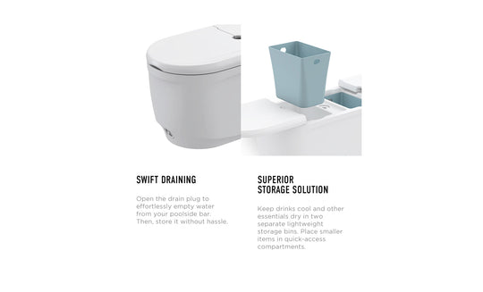Close-up of the PartyPad Swim-Up Bar by Ledge Lounger: showcases a white drain plug with Swift Draining text and a blue storage bin labeled Superior Storage Solution, ideal for your poolside sipping experience.