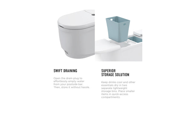 Close-up of the PartyPad Swim-Up Bar by Ledge Lounger: showcases a white drain plug with Swift Draining text and a blue storage bin labeled Superior Storage Solution, ideal for your poolside sipping experience.