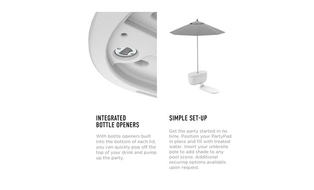 A diagram highlights the PartyPad Swim-Up Bar by Ledge Lounger, with a built-in bottle opener in the lid and a beach umbrella setup. Features include easy bottle openers and a simple party pad design, ideal for poolside enjoyment with an umbrella pole.