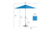 Illustration of the Ledge Lounger 6.5 Square Signature 360° Tilt Umbrella, a premium blue patio umbrella with dimensions: 91 in (231 cm) height, 72 in (183 cm) pole height, 32 in (81 cm) base height; width: 111 in (282 cm); and a square rustproof frame base of 38 in (97 cm).