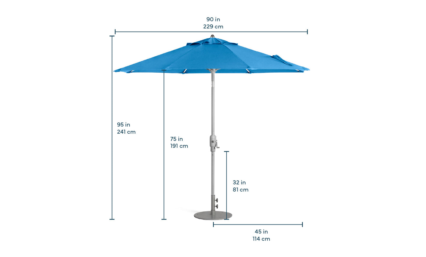 Enhance your outdoor space with the Ledge Lounger 7.5 Octagon Signature 360° Tilt Umbrella in blue, made from premium materials. It stands 95 in/241 cm tall with a diameter of 90 in/229 cm and closes to 75 in/191 cm, featuring a sturdy base of 32 in/81 cm high and 45 in/114 cm wide for lasting luxury.
