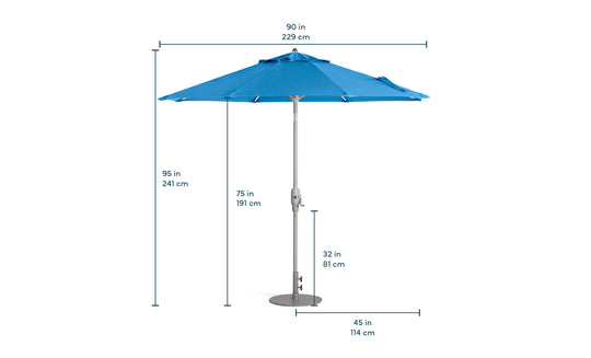 Enhance your outdoor space with the Ledge Lounger 7.5 Octagon Signature 360° Tilt Umbrella in blue, made from premium materials. It stands 95 in/241 cm tall with a diameter of 90 in/229 cm and closes to 75 in/191 cm, featuring a sturdy base of 32 in/81 cm high and 45 in/114 cm wide for lasting luxury.