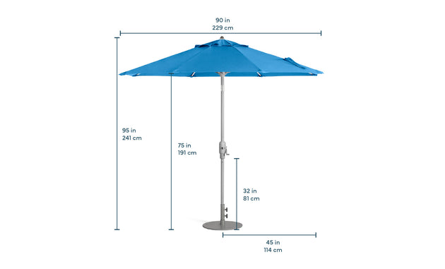 Enhance your outdoor space with the Ledge Lounger 7.5 Octagon Signature 360° Tilt Umbrella in blue, made from premium materials. It stands 95 in/241 cm tall with a diameter of 90 in/229 cm and closes to 75 in/191 cm, featuring a sturdy base of 32 in/81 cm high and 45 in/114 cm wide for lasting luxury.