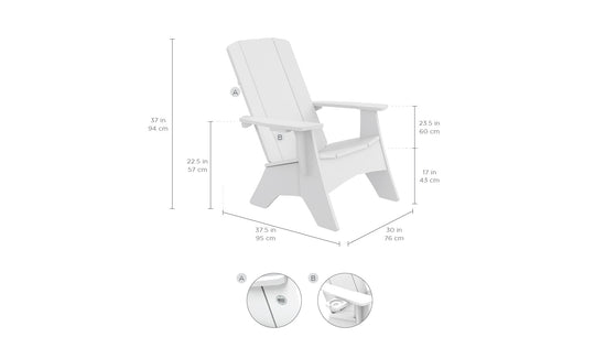 The Halo Aglow Bundle by Ledge Lounger is a white Adirondack chair with dimensions of 37.5 (95 cm) deep, 30 (76 cm) wide, and 37 (94 cm) high. The seat height is 17 (43 cm), armrest height is 23.5 (60 cm), and assembly details are provided in insets.