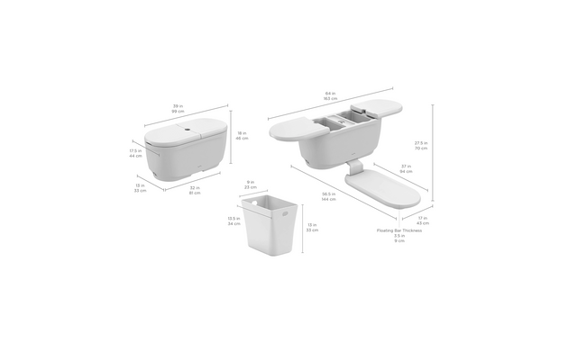 The PartyPad Swim-Up Bar by Ledge Lounger features diagrams of a sleek design and components like a lid, base, and separate waste holder. Perfect for poolside sipping, it measures 19x22.3x31 inches; the waste bin is 16.2x8x11 inches.