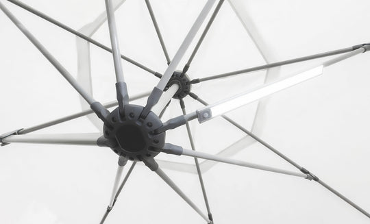 Close-up of the underside of a white umbrella with metal spokes radiating from a central hub. A Ledge Lounger Umbrella Light is attached to one spoke, creating a soft glow against the matching fabric background, ideal for an inviting patio setting.
