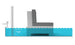 Cross-section diagram of a pool and deck featuring a Signature Sectional Corner by Ledge Lounger, complete with a scale for water depth recommendations. The suggested water level is marked at 10 inches (25 cm) just below the decks surface.